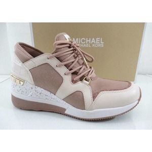 Michael Kors Liv Trainer Wedge Lace Up Sneakers MK Outline Jacquard Fawn Size 10